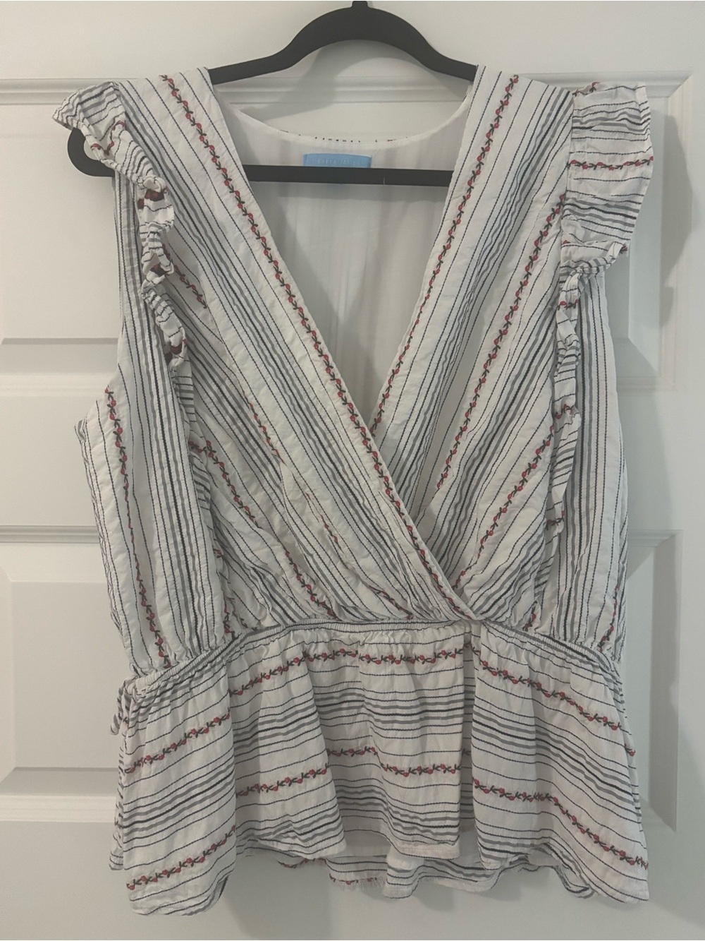 White Striped Wrap Peplum Top with Red Floral Stitching